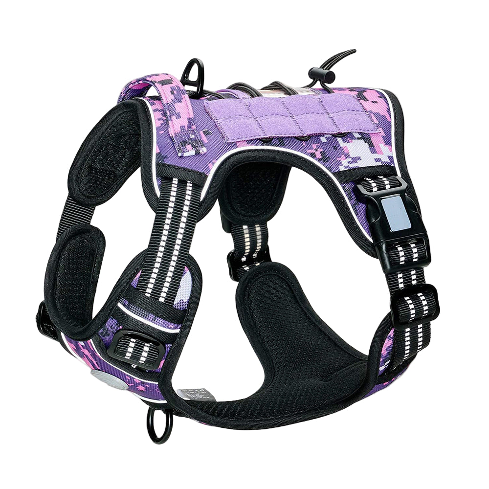 Dog wearing Purple camouflage no-pull harness for large breeds, featuring adjustable straps for secure and comfortable fit
