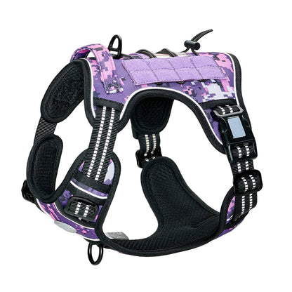 Dog wearing Purple camouflage no-pull harness for large breeds, featuring adjustable straps for secure and comfortable fit