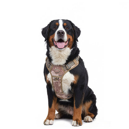 Army green camouflage no-pull dog harness for large breeds, featuring adjustable straps and breathable material for comfort