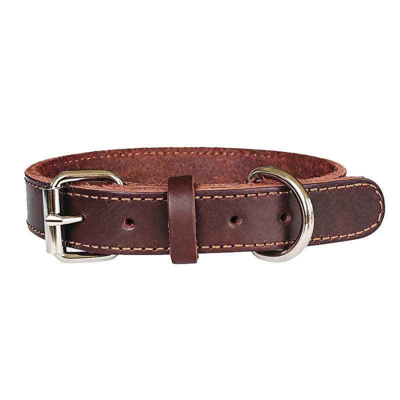 Brown wide leather dog collars with metal buckles and reinforced stitching, perfect for large breeds