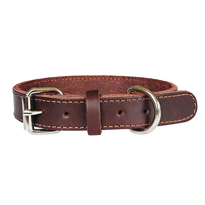 Brown wide leather dog collars with metal buckles and reinforced stitching, perfect for large breeds